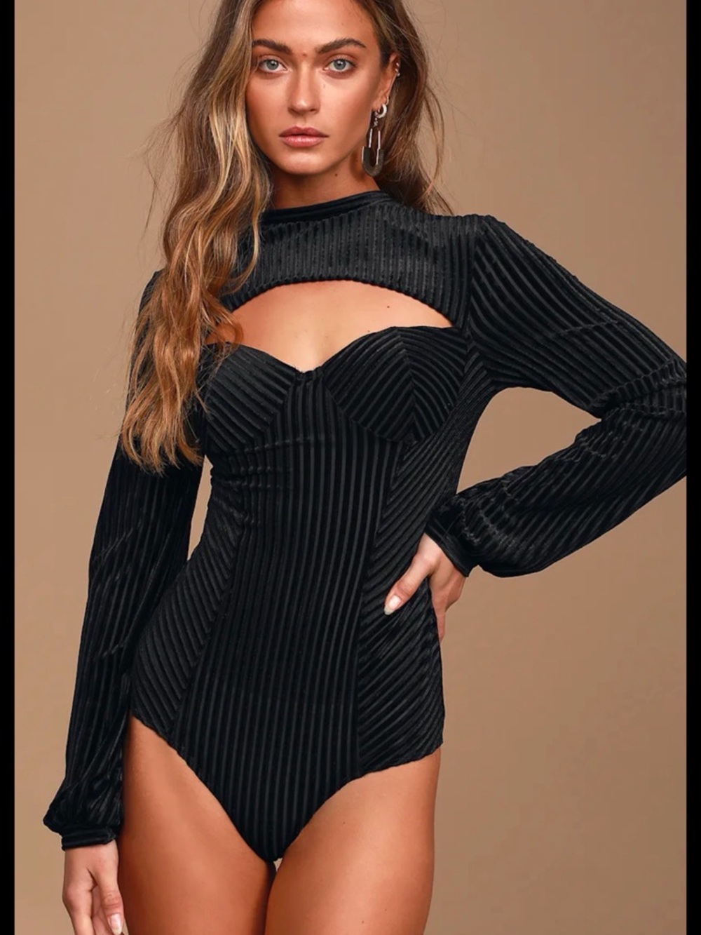 Lulu's Always Alluring Black Striped Velvet Cutout Bustier Bodysuit